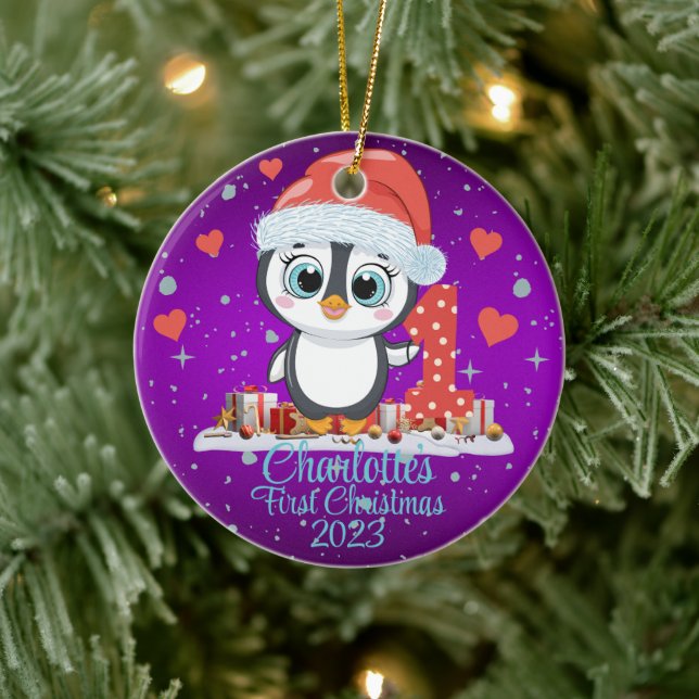 Cute Penguin Baby’s First Christmas Purple Ceramic Ornament (Tree)