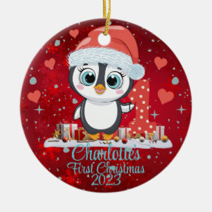 Cute Penguin Baby’s First Christmas Red Ceramic Ornament