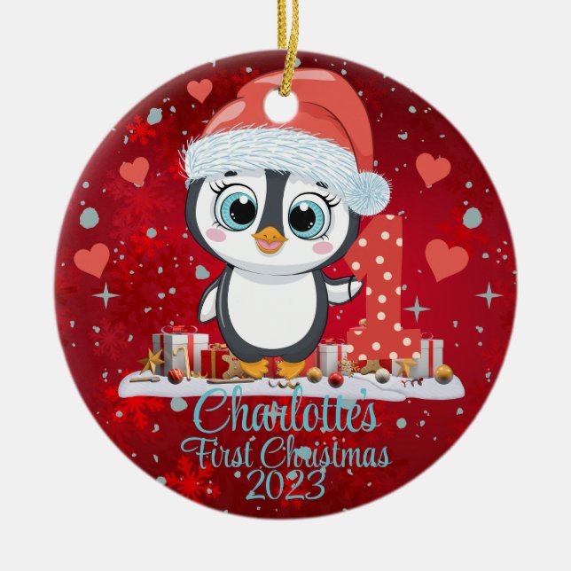 Cute Penguin Baby’s First Christmas Red Ceramic Ornament (Front)