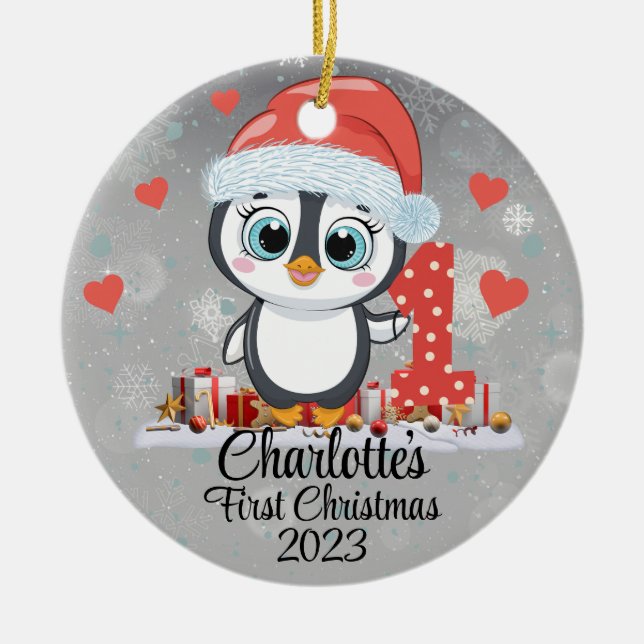 Cute Penguin Baby’s First Christmas Silver Ceramic Ornament (Front)
