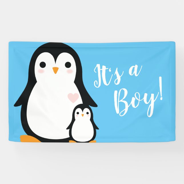 Cute Penguin Baby Shower Blue Boy Banner (Horizontal)