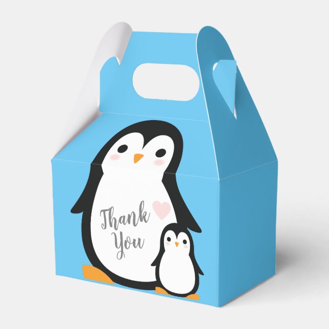 Cute Penguin Baby Shower Blue Boy Favour Box (Front Side)