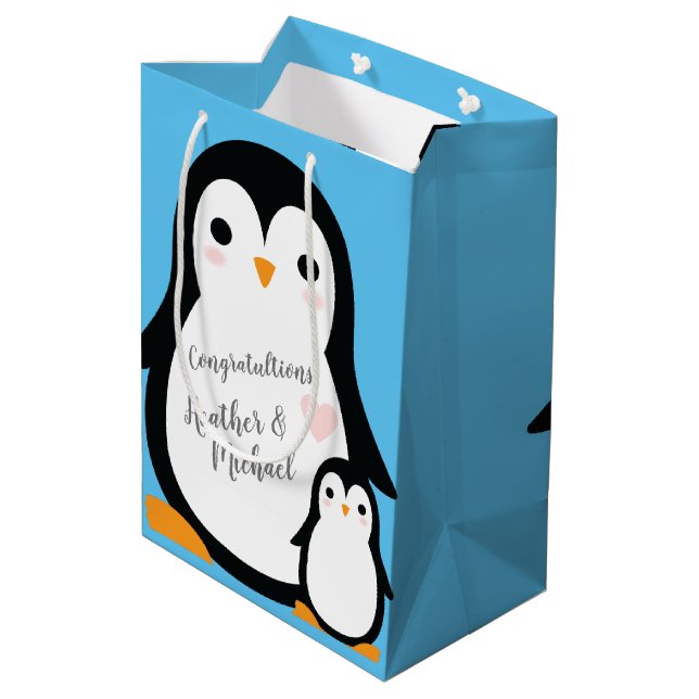 Cute Penguin Baby Shower Blue Boy Medium Gift Bag (Back Angled)