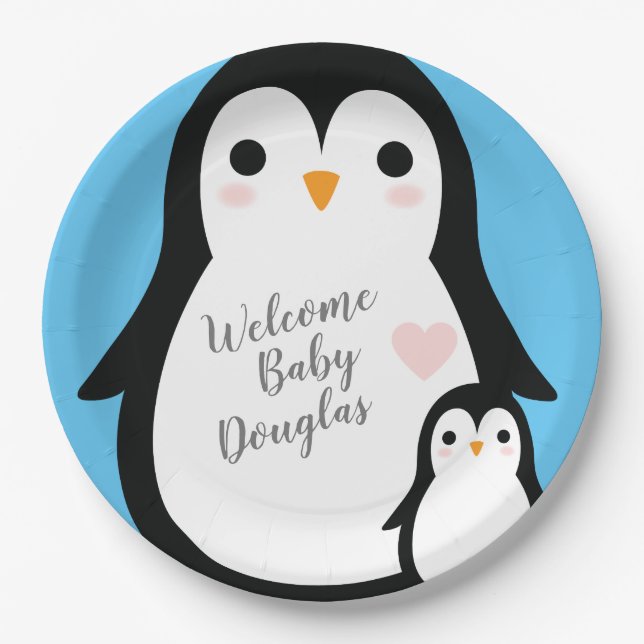 Cute Penguin Baby Shower Blue Boy Paper Plate (Front)