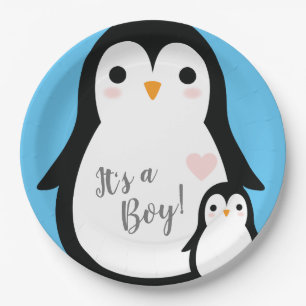 Cute Penguin Baby Shower Blue Boy Paper Plate