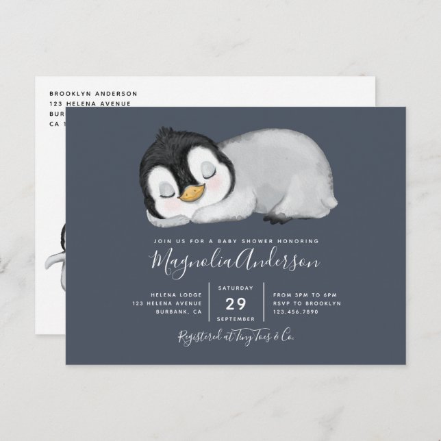 Cute Penguin Baby Shower Invitation Postcard (Front/Back)