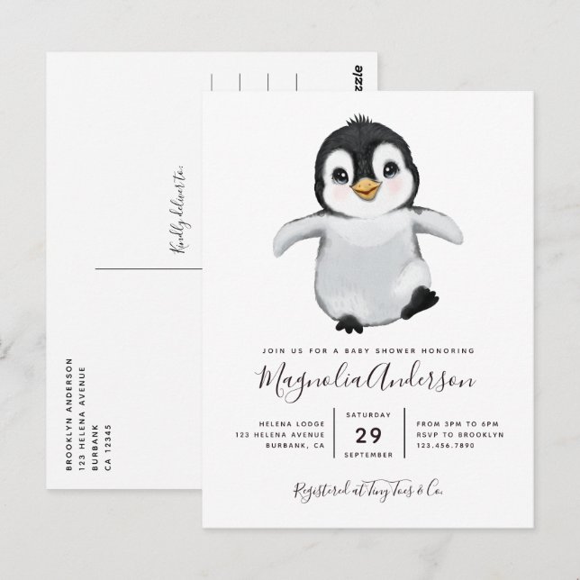 Cute Penguin Baby Shower Invitation Postcard (Front/Back)
