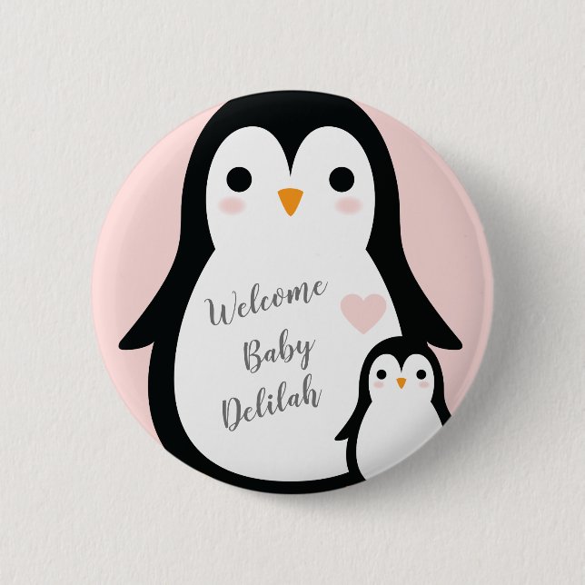 Cute Penguin Baby Shower Pink Girl 6 Cm Round Badge (Front)