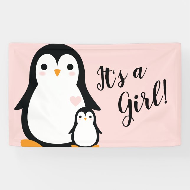 Cute Penguin Baby Shower Pink Girl Banner (Horizontal)