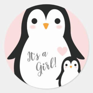 Cute Penguin Baby Shower Pink Girl Classic Round Sticker
