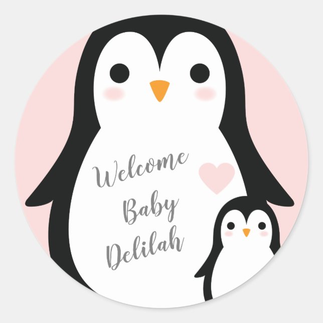 Cute Penguin Baby Shower Pink Girl Classic Round Sticker (Front)