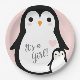 Cute Penguin Baby Shower Pink Girl Paper Plate