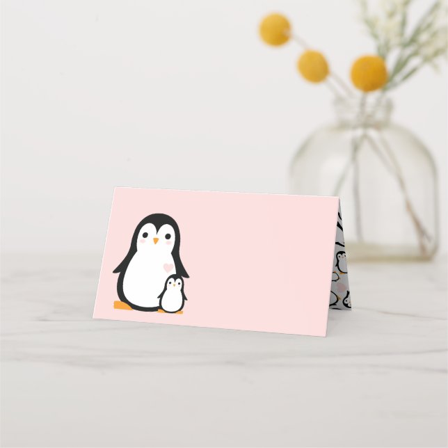 Cute Penguin Baby Shower Pink Girl Place Card (Front)