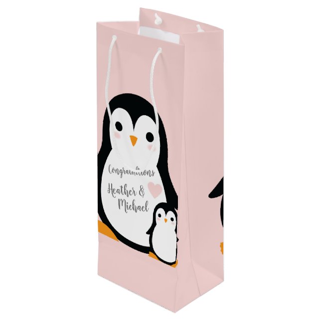 Cute Penguin Baby Shower Pink Girl Wine Gift Bag (Back Angled)