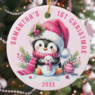 Cute Penguin Babys 1st Christmas Personalised Pink Ceramic Ornament