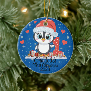 Cute Penguin Baby's First Christmas Blue Ceramic Ornament