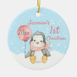 Cute Penguin Baby's First Christmas Pink Ceramic Ornament