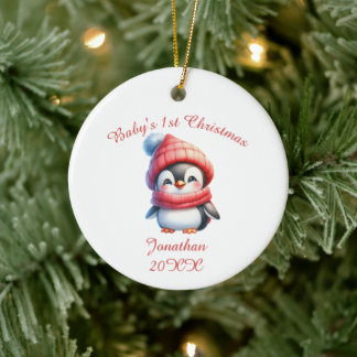 Cute Penguin Baby's First Personalized Ceramic Ornament