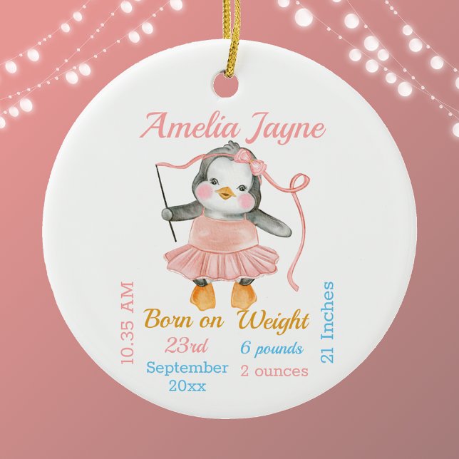 Cute Penguin Ballerina Pink Baby Girl Stats  Ceramic Ornament (Creator Uploaded)