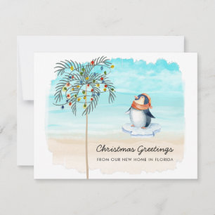 Cute Penguin Beach Scene Family Holiday Moving Announcement