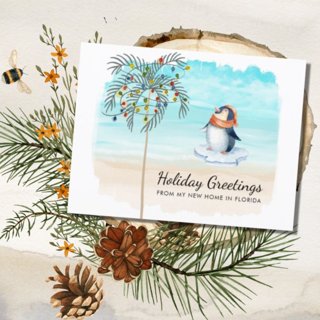 Cute Penguin Beach Scene Palm Tree Holiday Moving  Announcement (Creator Uploaded)