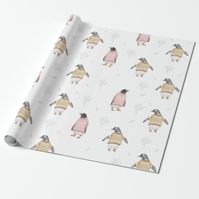Cute Penguin Bird Winter Sweater Fun Animal Art  W Wrapping Paper (Unrolled)
