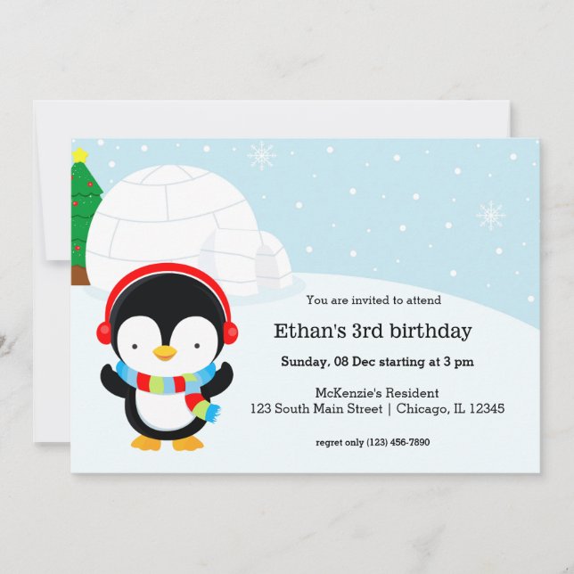 Cute penguin birthday party invitation (Front)