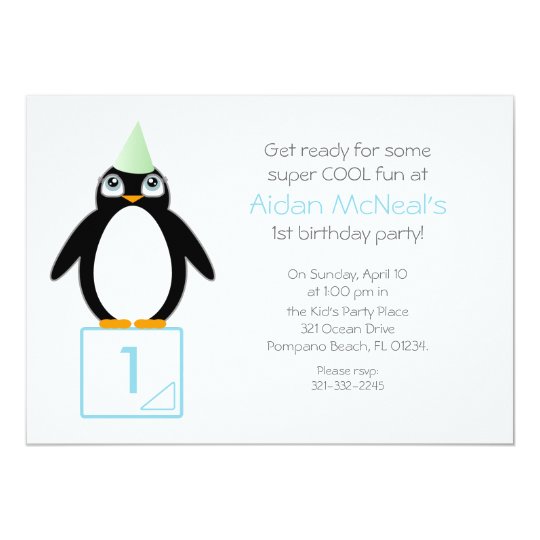 cute penguin BIRTHDAY PARTY invitation MINT