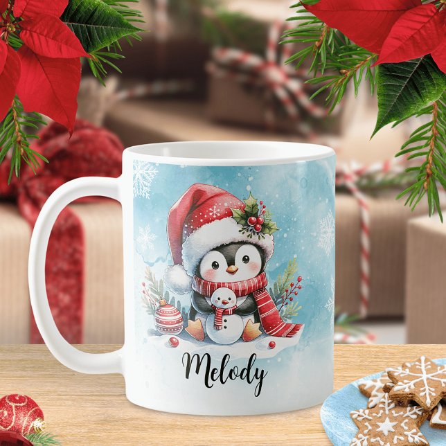 Cute Penguin Blue and Red Custom Name Christmas Coffee Mug (Creator Uploaded)