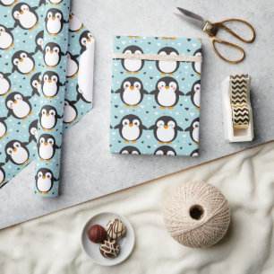 Cute Penguin Blue Christmas Wrapping Paper