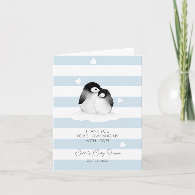 Cute Penguin Blue Grey Baby Shower Thank You Card (Front)