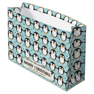 Cute Penguin Blue Merry Christmas Custom Name Large Gift Bag