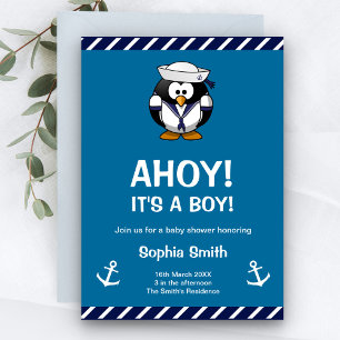 Cute Penguin Blue Nautical Baby Shower Invitation