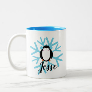 Cute Penguin Blue Snowflake Custom Name Christmas Two-Tone Coffee Mug