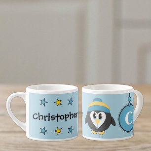 Cute penguin blue yellow with stars kid's espresso cup
