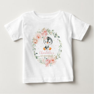 Cute Penguin Blush Floral 1st Birthday Outfit Baby T-Shirt
