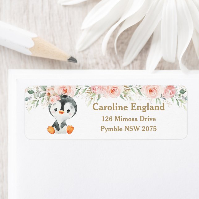 Cute Penguin Blush Floral Return Address Label (Insitu)
