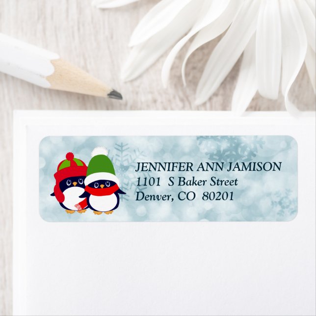 Cute Penguin Bokeh Pattern Christmas Return Address Label (Insitu)