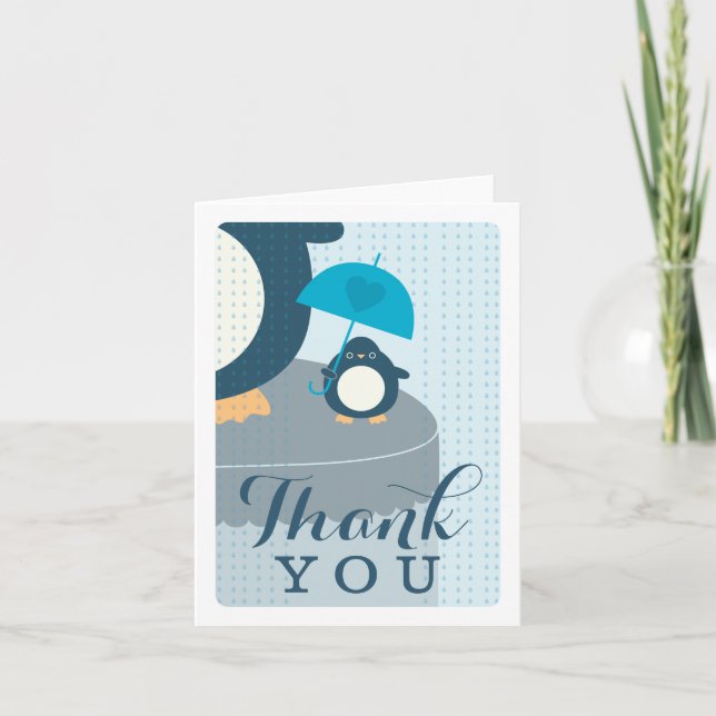 Cute Penguin Boy Blue Thank You Note Card (Front)