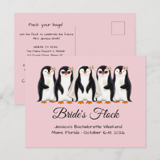 Cute Penguin Bride's Flock Pink Bachelorette Invitation Postcard