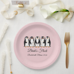 Cute Penguin Bride's Flock Pink Bachelorette Paper Plate