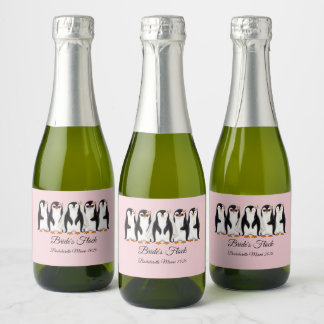 Cute Penguin Bride's Flock Pink Bachelorette Sparkling Wine Label