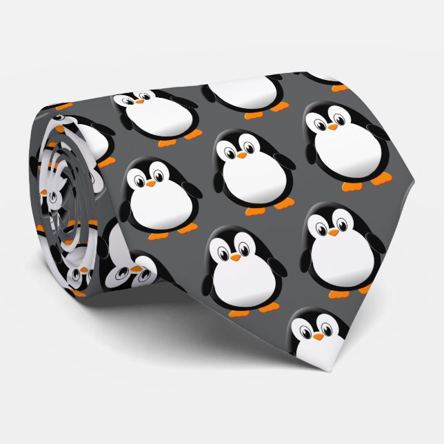 Cute Penguin Cartoon Charcoal  Tie (Rolled)
