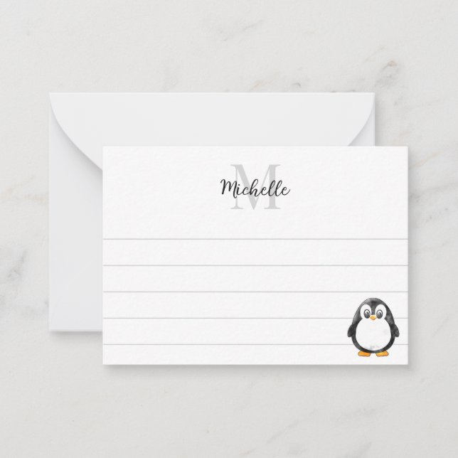 Cute Penguin Cartoon Custom Lined Monogram Card (Front)