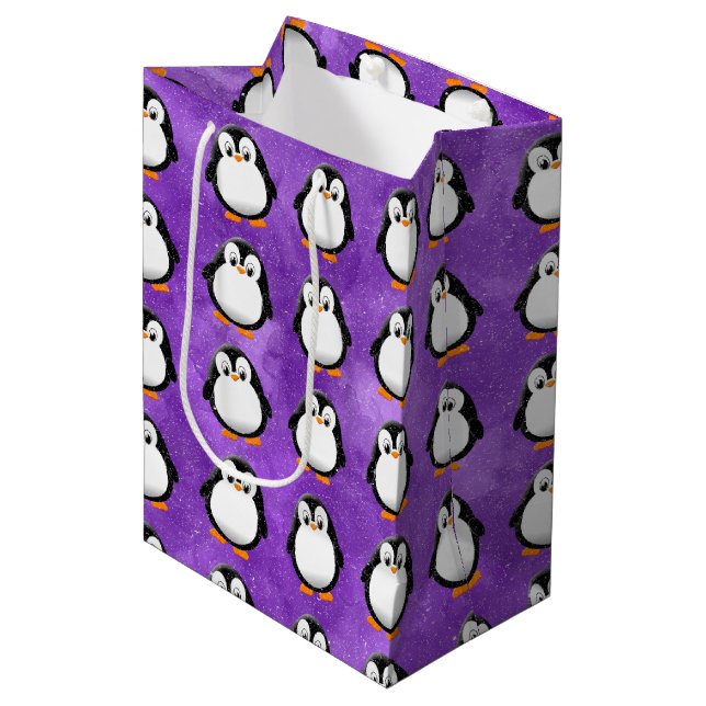 Cute Penguin Cartoon Custom Purple Watercolor Medium Gift Bag (Front Angled)