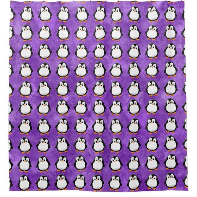 Cute Penguin Cartoon Custom Purple Watercolor Shower Curtain (Front)