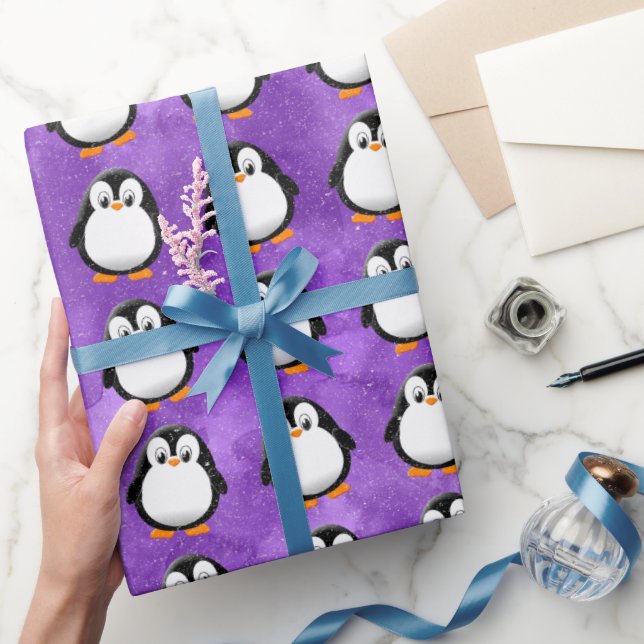Cute Penguin Cartoon Custom Purple Watercolor Wrapping Paper (Gifting)