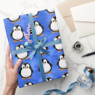 Cute Penguin Cartoon Custom Winter Blue Watercolor Wrapping Paper