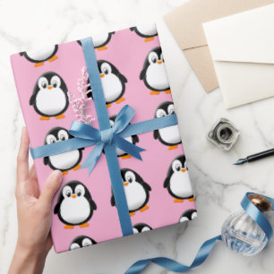 Cute Penguin Cartoon Custom Winter Pink Wrapping Paper
