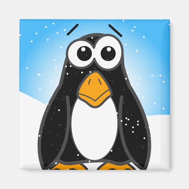 Cute Penguin Cartoon Illustrated Blue Magnet (Front)